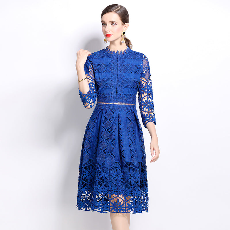 CM-DY022938 Women Elegant European Style Long Sleeve Lace Hollow Slim Printing Dress