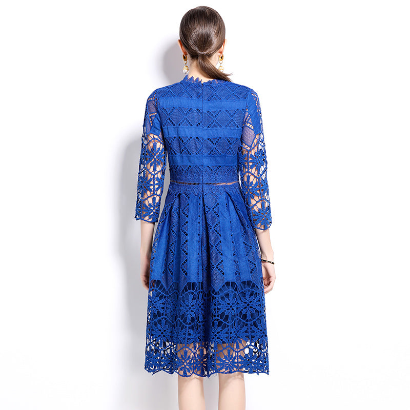 CM-DY022938 Women Elegant European Style Long Sleeve Lace Hollow Slim Printing Dress