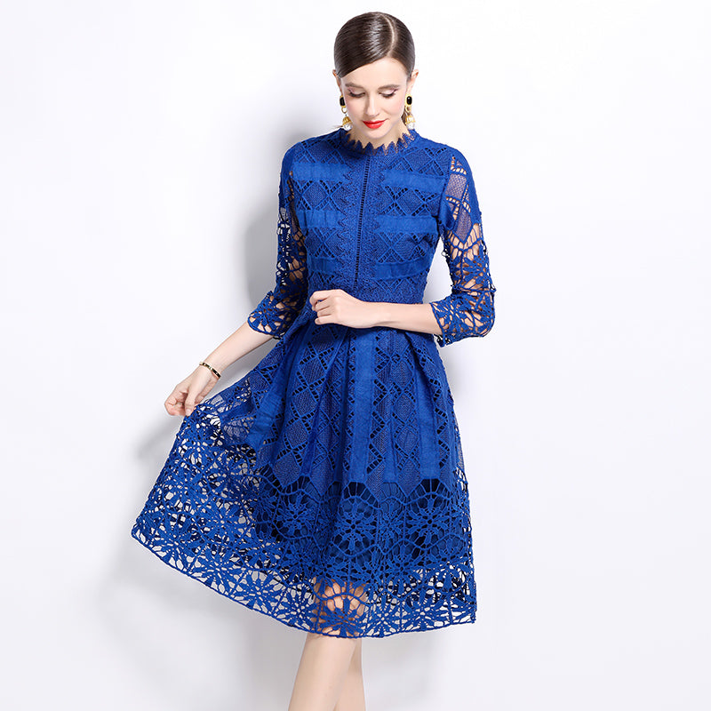 CM-DY022938 Women Elegant European Style Long Sleeve Lace Hollow Slim Printing Dress