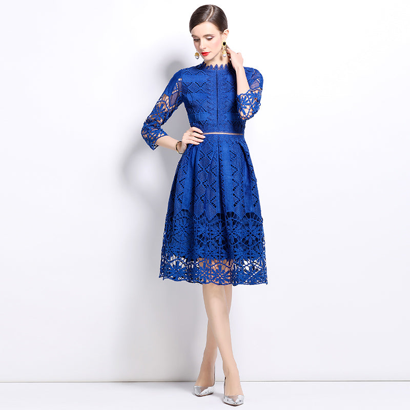 CM-DY022938 Women Elegant European Style Long Sleeve Lace Hollow Slim Printing Dress