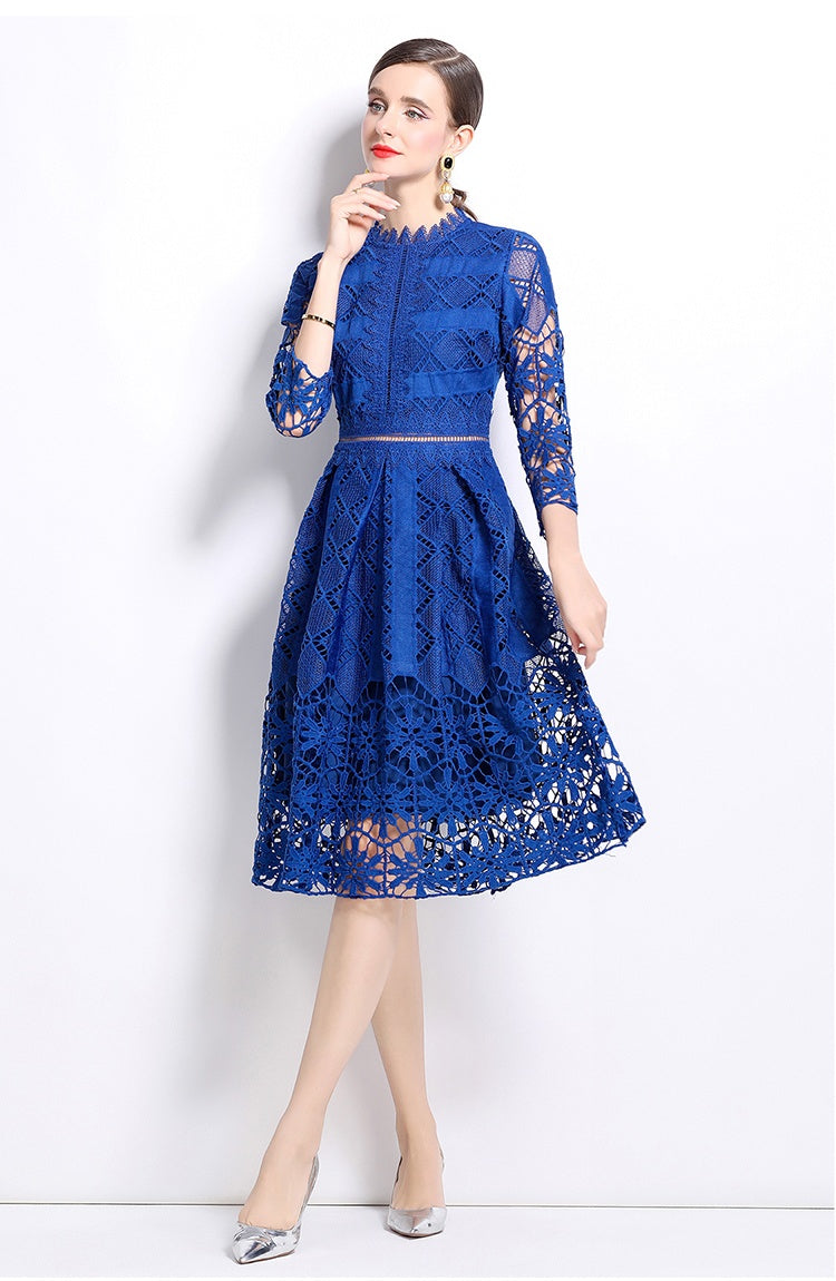 CM-DY022938 Women Elegant European Style Long Sleeve Lace Hollow Slim Printing Dress