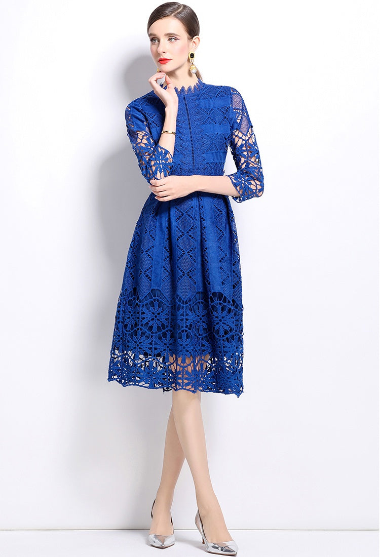 CM-DY022938 Women Elegant European Style Long Sleeve Lace Hollow Slim Printing Dress