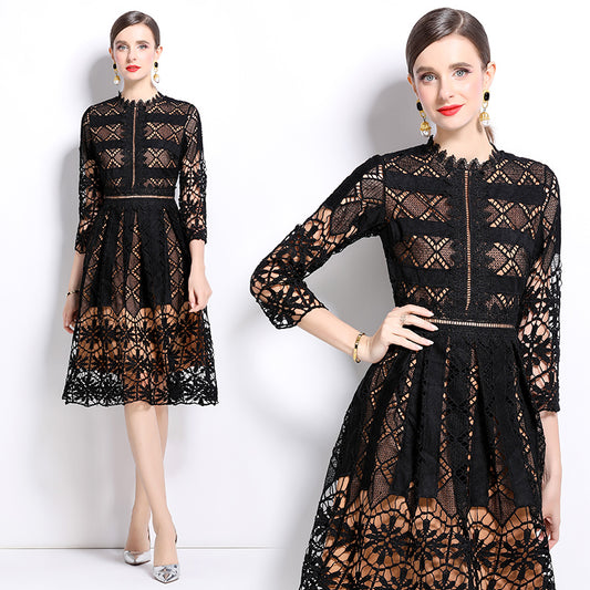 CM-DY022939 Women Elegant European Style Long Sleeve Lace Slim Hollow Printing Dress