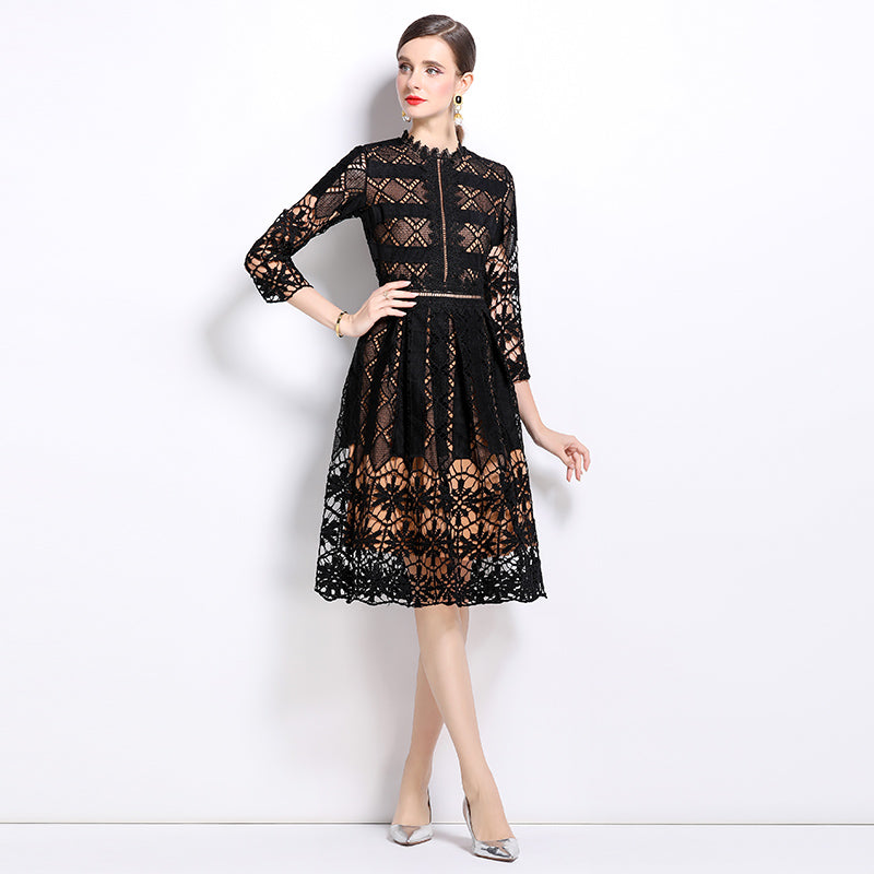 CM-DY022939 Women Elegant European Style Long Sleeve Lace Slim Hollow Printing Dress