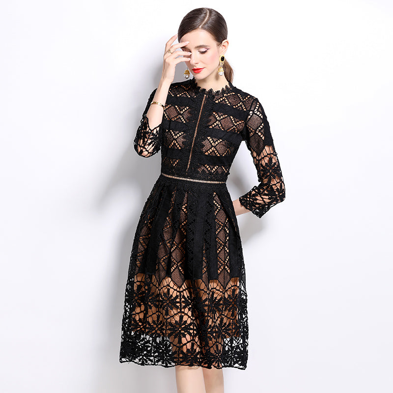 CM-DY022939 Women Elegant European Style Long Sleeve Lace Slim Hollow Printing Dress