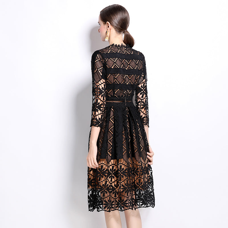 CM-DY022939 Women Elegant European Style Long Sleeve Lace Slim Hollow Printing Dress
