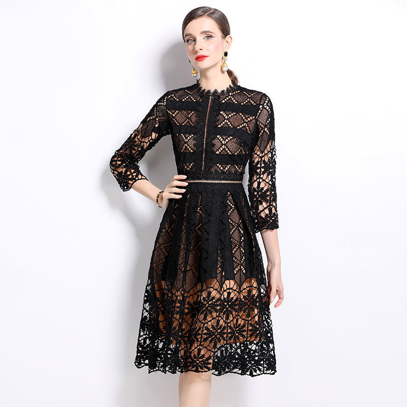 CM-DY022939 Women Elegant European Style Long Sleeve Lace Slim Hollow Printing Dress