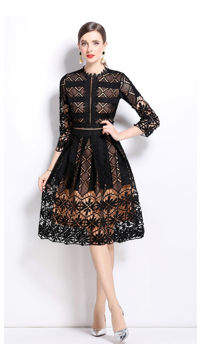 CM-DY022939 Women Elegant European Style Long Sleeve Lace Slim Hollow Printing Dress