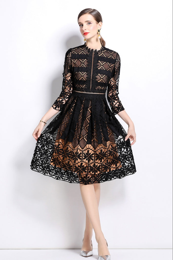 CM-DY022939 Women Elegant European Style Long Sleeve Lace Slim Hollow Printing Dress