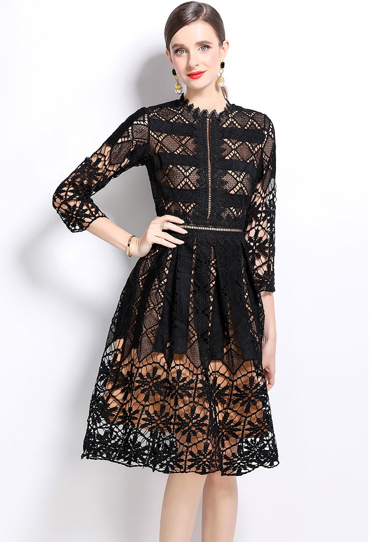 CM-DY022939 Women Elegant European Style Long Sleeve Lace Slim Hollow Printing Dress