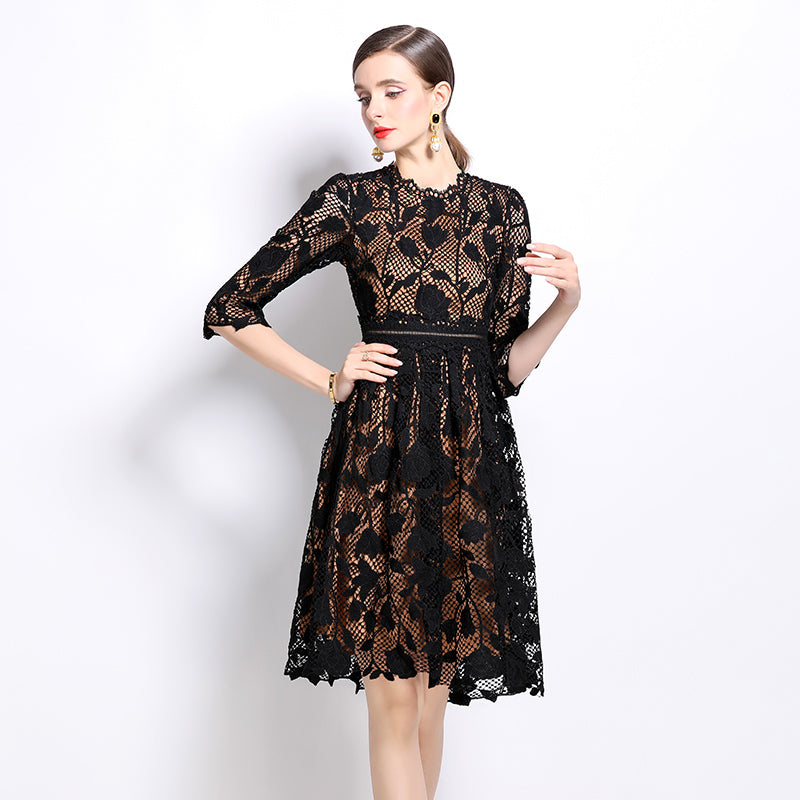 CM-DY022940 Women Elegant European Style Stand Collar Long Sleeve Hollow Lace Slim Dress