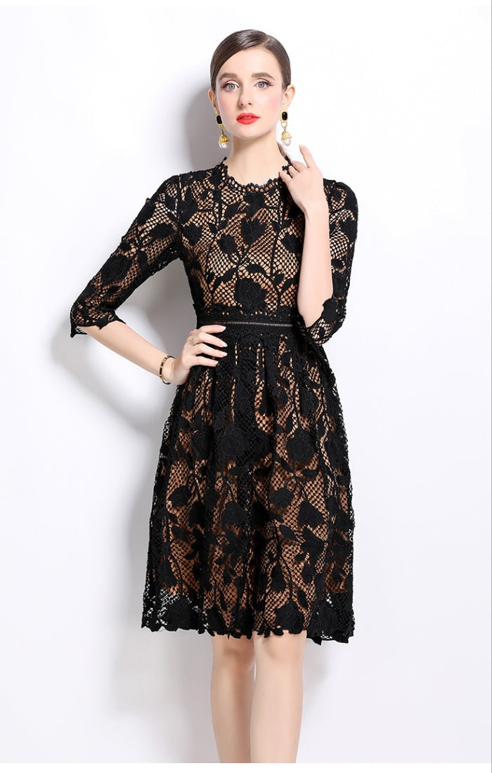 CM-DY022940 Women Elegant European Style Stand Collar Long Sleeve Hollow Lace Slim Dress