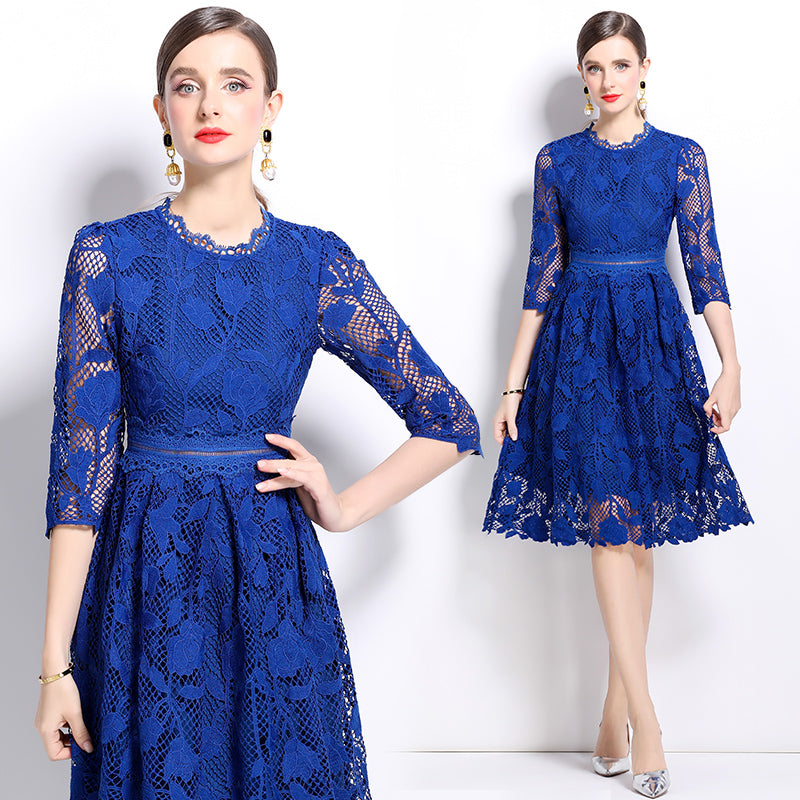 CM-DY022941 Women Elegant European Style Stand Collar Long Sleeve Hollow Lace Mini Dress - Blue