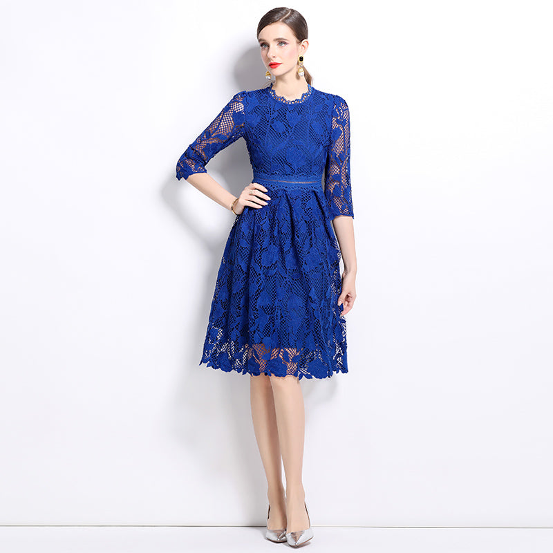 CM-DY022941 Women Elegant European Style Stand Collar Long Sleeve Hollow Lace Mini Dress - Blue