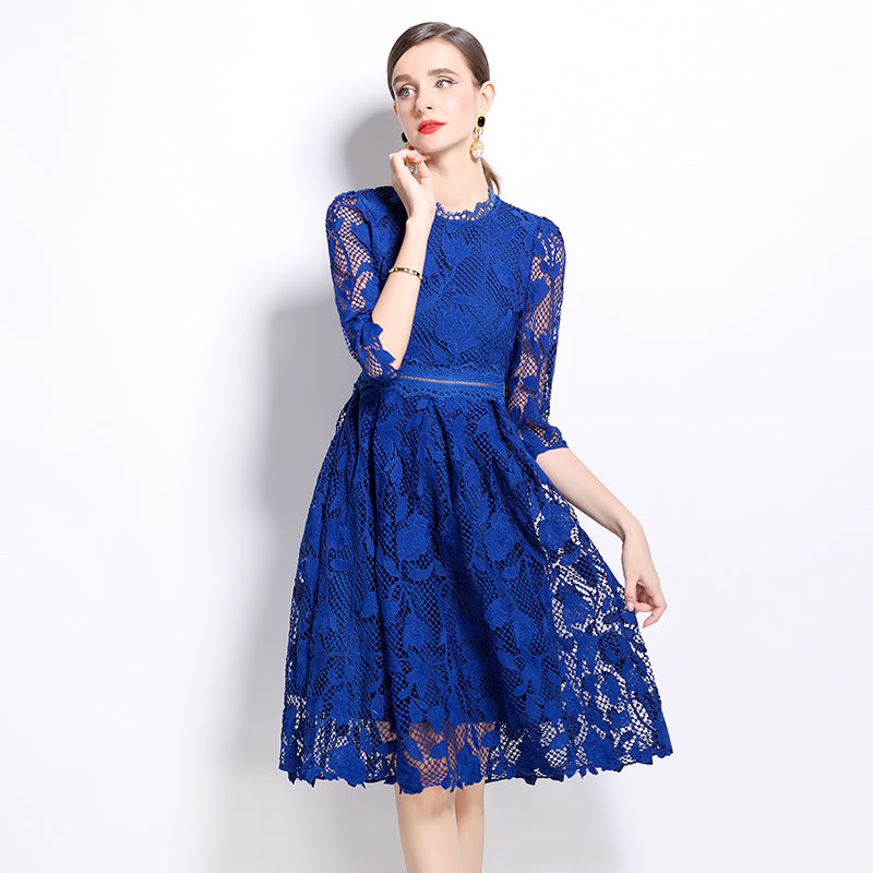 CM-DY022941 Women Elegant European Style Stand Collar Long Sleeve Hollow Lace Mini Dress - Blue