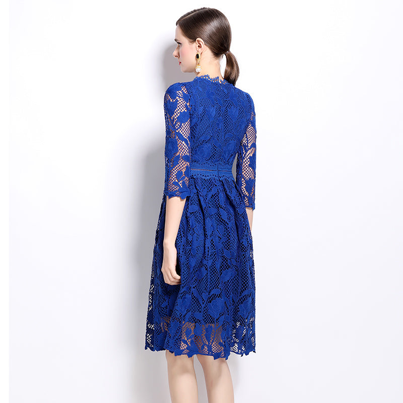 CM-DY022941 Women Elegant European Style Stand Collar Long Sleeve Hollow Lace Mini Dress - Blue
