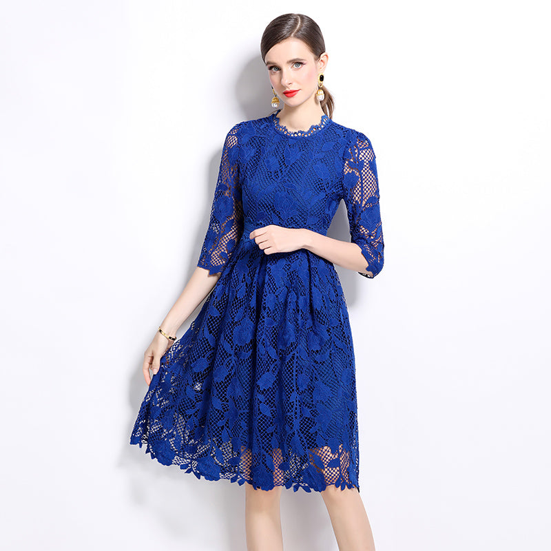 CM-DY022941 Women Elegant European Style Stand Collar Long Sleeve Hollow Lace Mini Dress - Blue
