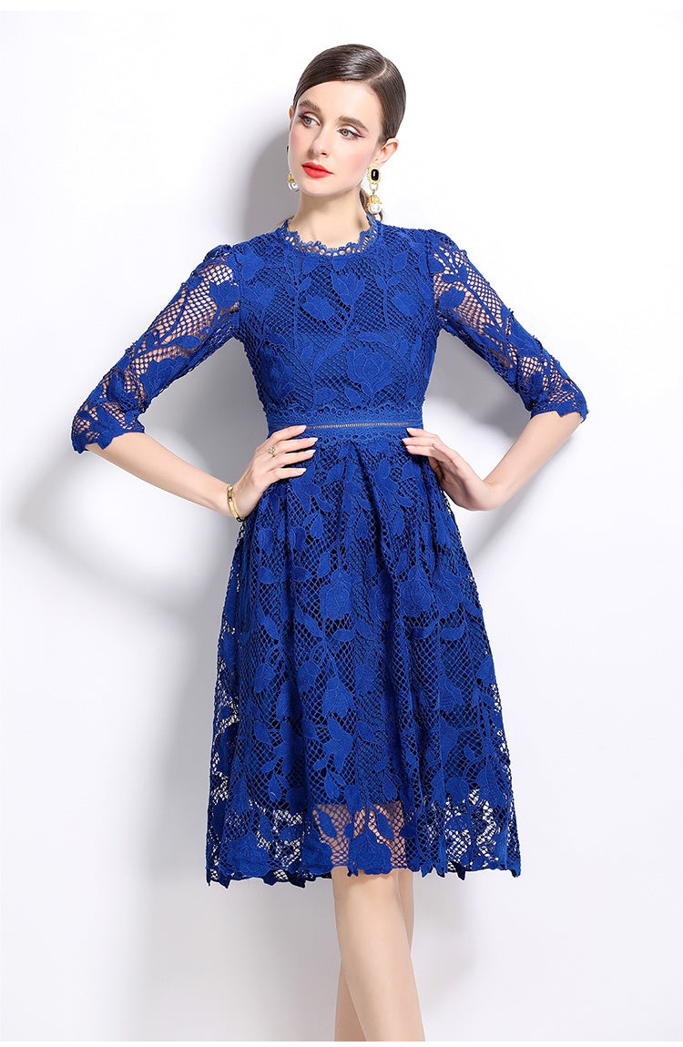 CM-DY022941 Women Elegant European Style Stand Collar Long Sleeve Hollow Lace Mini Dress - Blue