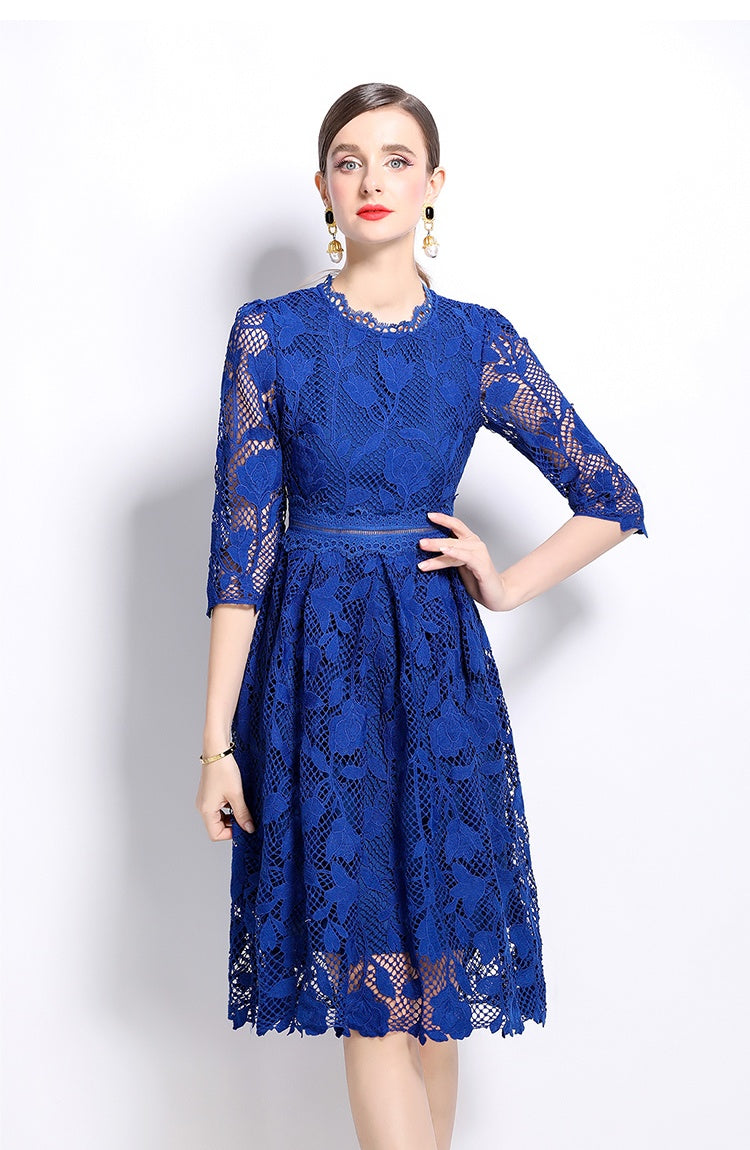 CM-DY022941 Women Elegant European Style Stand Collar Long Sleeve Hollow Lace Mini Dress - Blue