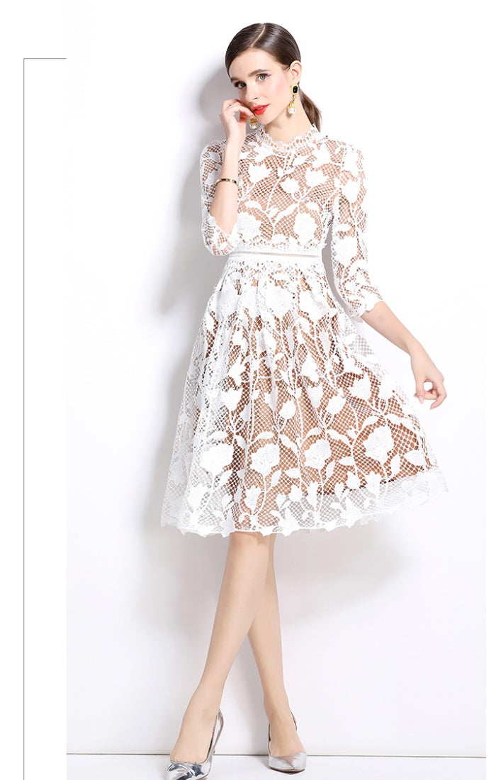 CM-DY022942 Women Elegant European Style Stand Collar Long Sleeve Hollow Lace Mini Dress
