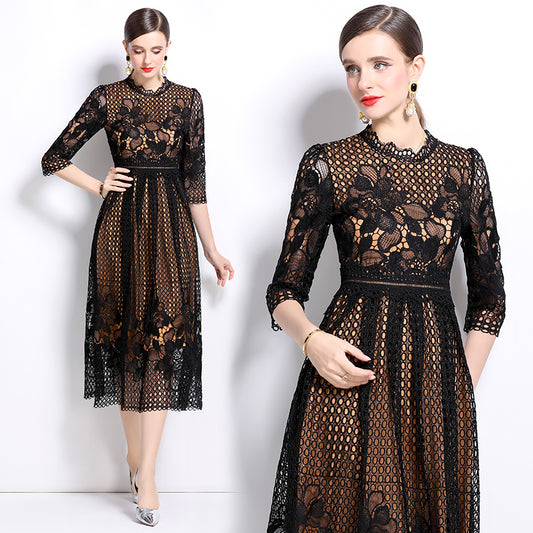 CM-DY022945 Women Elegant European Style Lace Hollow Long Sleeve Slim Midi Dress - Black