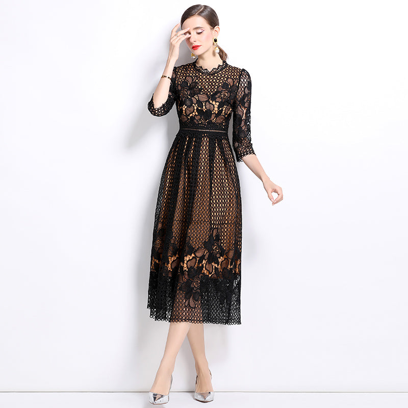 CM-DY022945 Women Elegant European Style Lace Hollow Long Sleeve Slim Midi Dress - Black