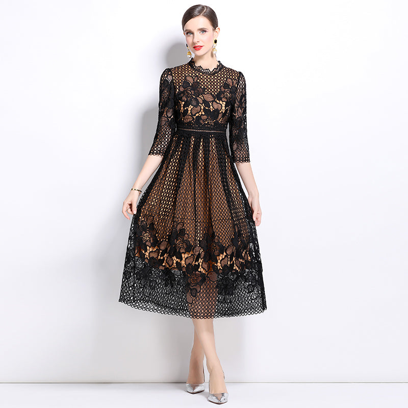 CM-DY022945 Women Elegant European Style Lace Hollow Long Sleeve Slim Midi Dress - Black