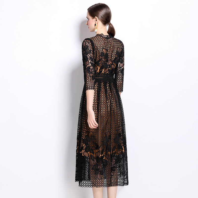 CM-DY022945 Women Elegant European Style Lace Hollow Long Sleeve Slim Midi Dress - Black