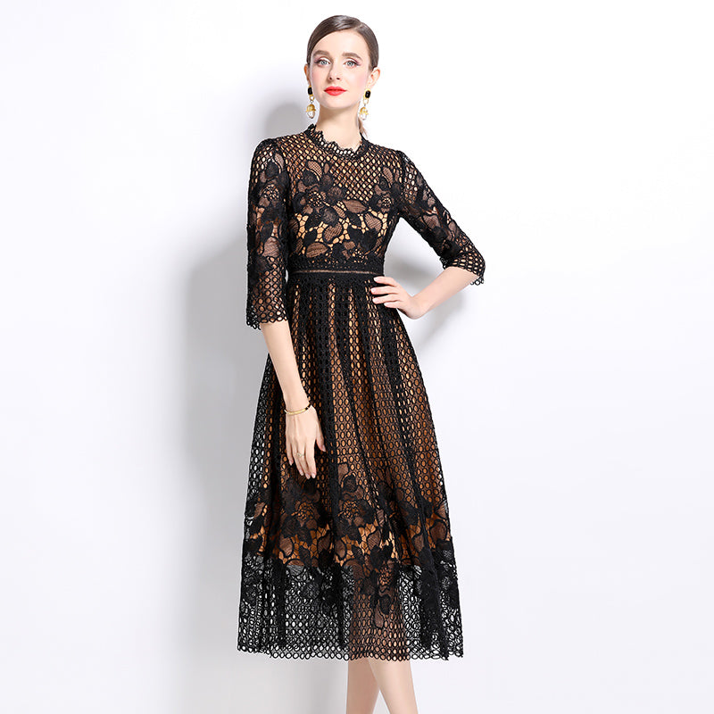 CM-DY022945 Women Elegant European Style Lace Hollow Long Sleeve Slim Midi Dress - Black