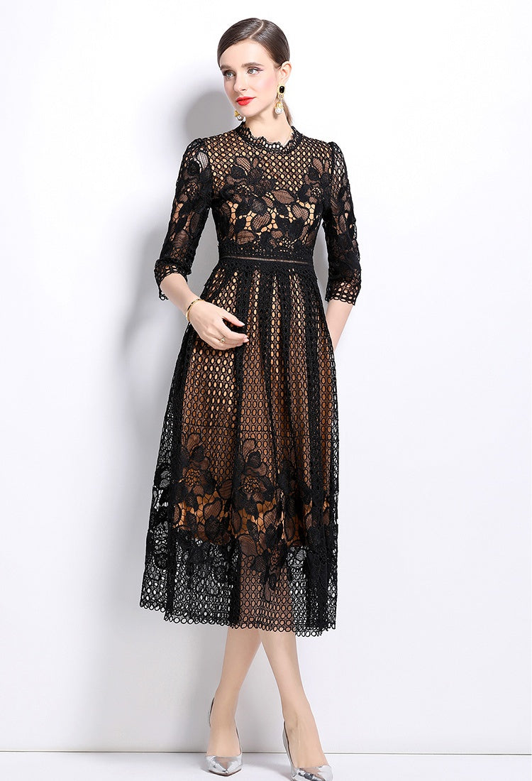 CM-DY022945 Women Elegant European Style Lace Hollow Long Sleeve Slim Midi Dress - Black