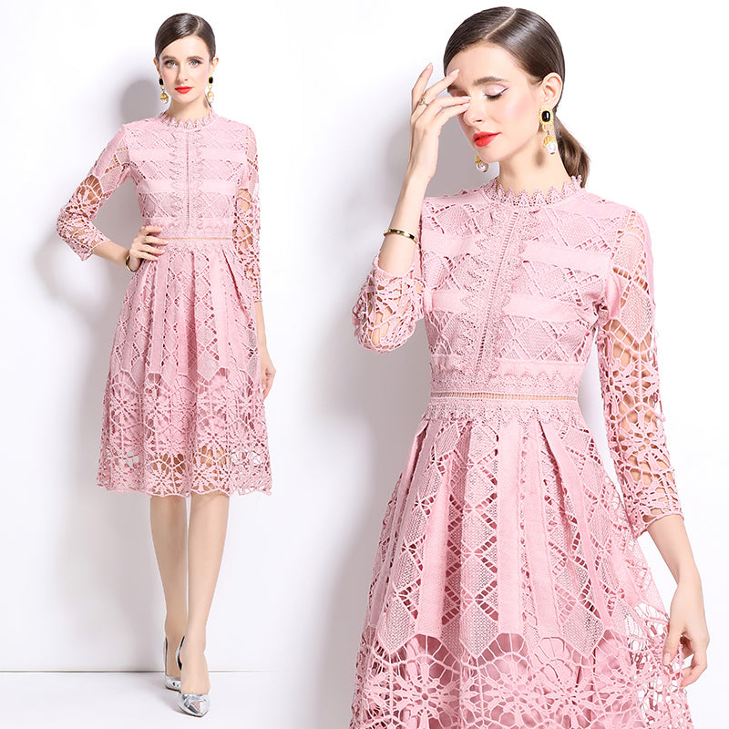 CM-DY022947 Women Elegant European Style Lace Stand Collar Long Sleeve Slim Hollow Dress