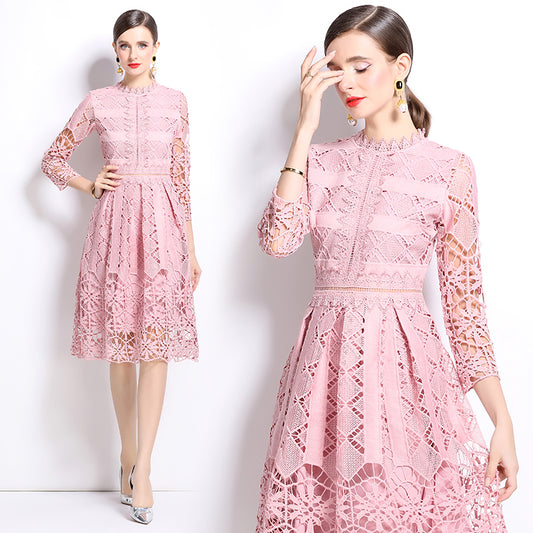 CM-DY022947 Women Elegant European Style Lace Stand Collar Long Sleeve Slim Hollow Dress