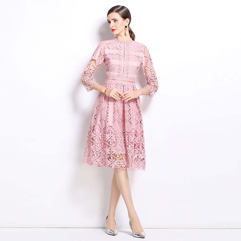 CM-DY022947 Women Elegant European Style Lace Stand Collar Long Sleeve Slim Hollow Dress
