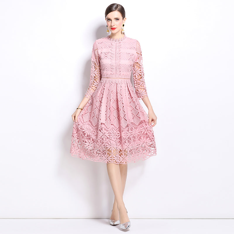 CM-DY022947 Women Elegant European Style Lace Stand Collar Long Sleeve Slim Hollow Dress