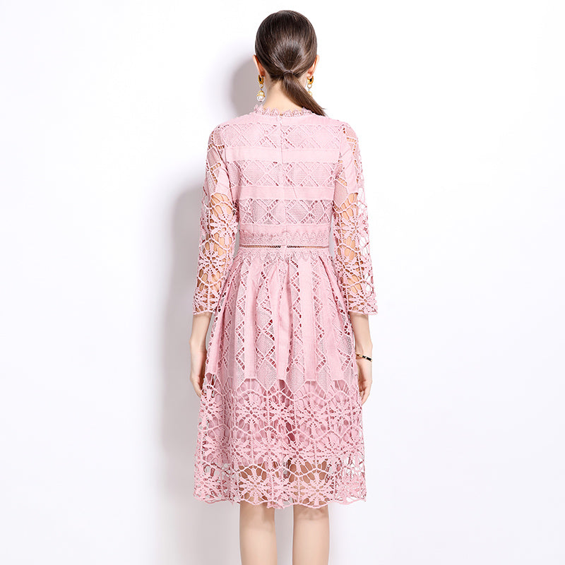 CM-DY022947 Women Elegant European Style Lace Stand Collar Long Sleeve Slim Hollow Dress