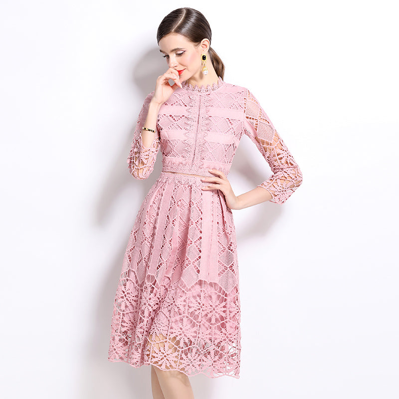 CM-DY022947 Women Elegant European Style Lace Stand Collar Long Sleeve Slim Hollow Dress