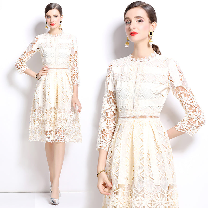 CM-DY022948 Women Elegant European Style Hollow Long Sleeve Slim Lace Dress