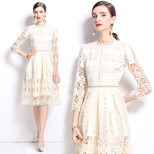 CM-DY022948 Women Elegant European Style Hollow Long Sleeve Slim Lace Dress
