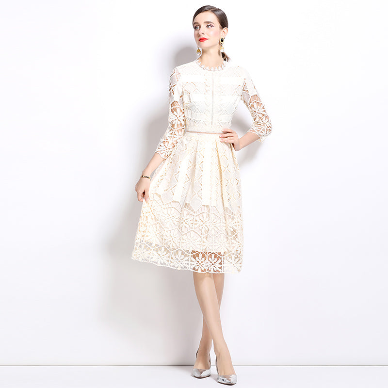 CM-DY022948 Women Elegant European Style Hollow Long Sleeve Slim Lace Dress
