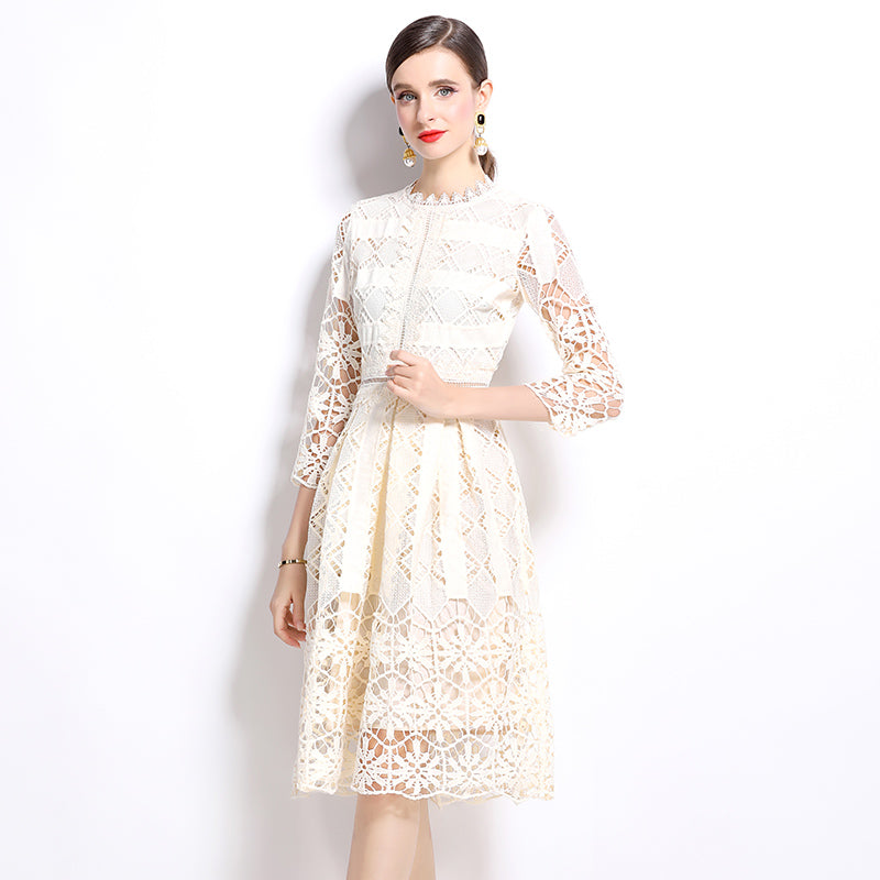 CM-DY022948 Women Elegant European Style Hollow Long Sleeve Slim Lace Dress