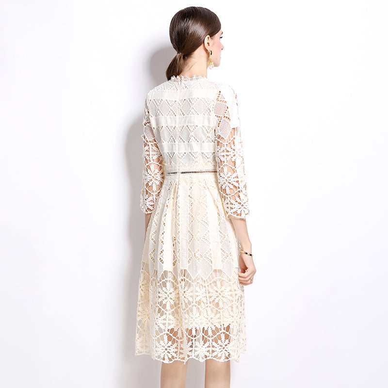 CM-DY022948 Women Elegant European Style Hollow Long Sleeve Slim Lace Dress