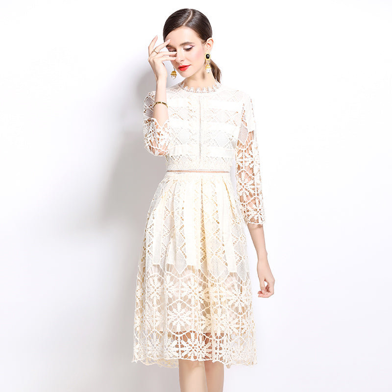 CM-DY022948 Women Elegant European Style Hollow Long Sleeve Slim Lace Dress