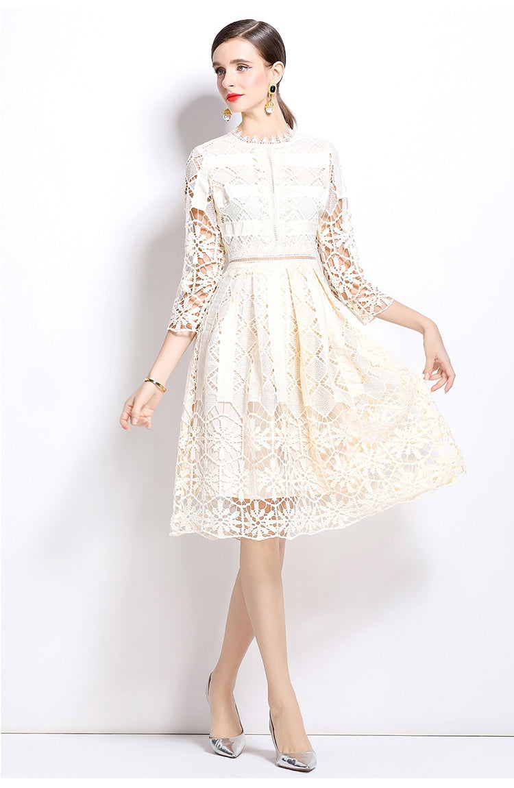 CM-DY022948 Women Elegant European Style Hollow Long Sleeve Slim Lace Dress