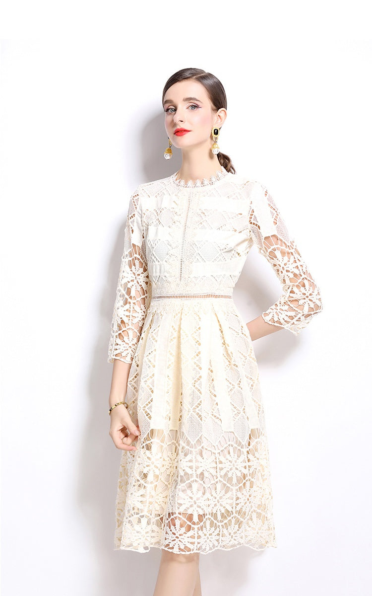CM-DY022948 Women Elegant European Style Hollow Long Sleeve Slim Lace Dress