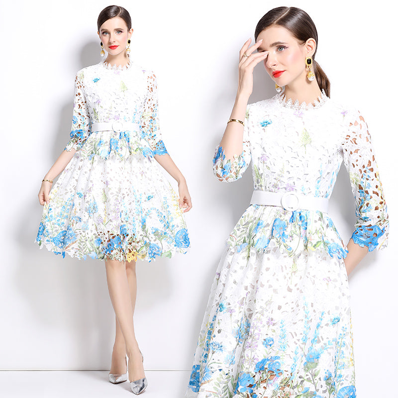 CM-DY022950 Women Elegant European Style Lace Stand Collar Long Sleeve Hollow Slim Dress
