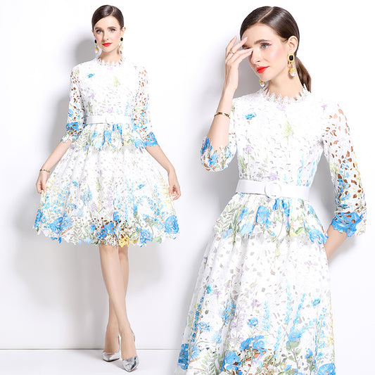 CM-DY022950 Women Elegant European Style Lace Stand Collar Long Sleeve Hollow Slim Dress