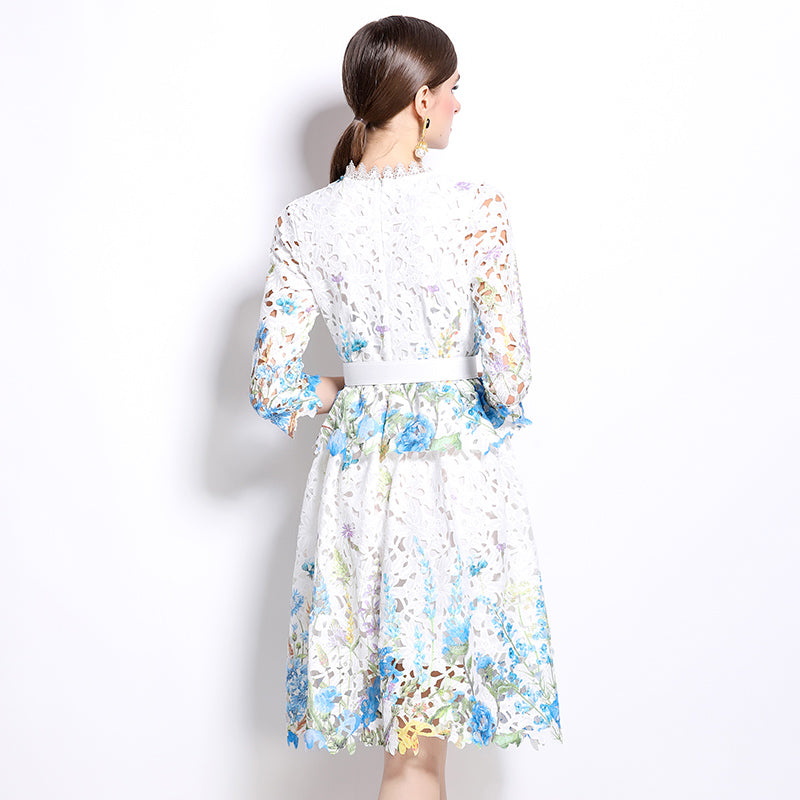 CM-DY022950 Women Elegant European Style Lace Stand Collar Long Sleeve Hollow Slim Dress