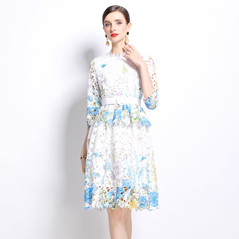 CM-DY022950 Women Elegant European Style Lace Stand Collar Long Sleeve Hollow Slim Dress