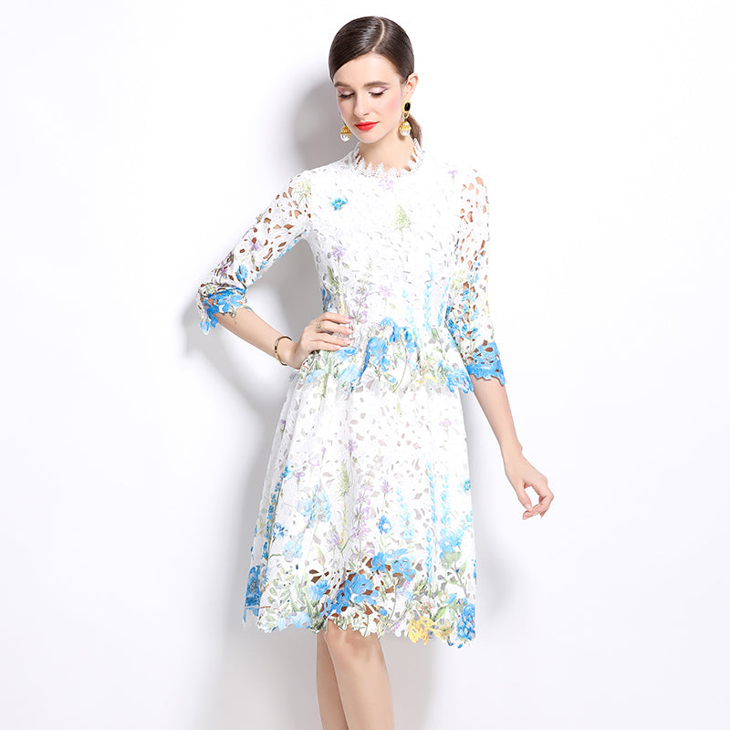 CM-DY022950 Women Elegant European Style Lace Stand Collar Long Sleeve Hollow Slim Dress