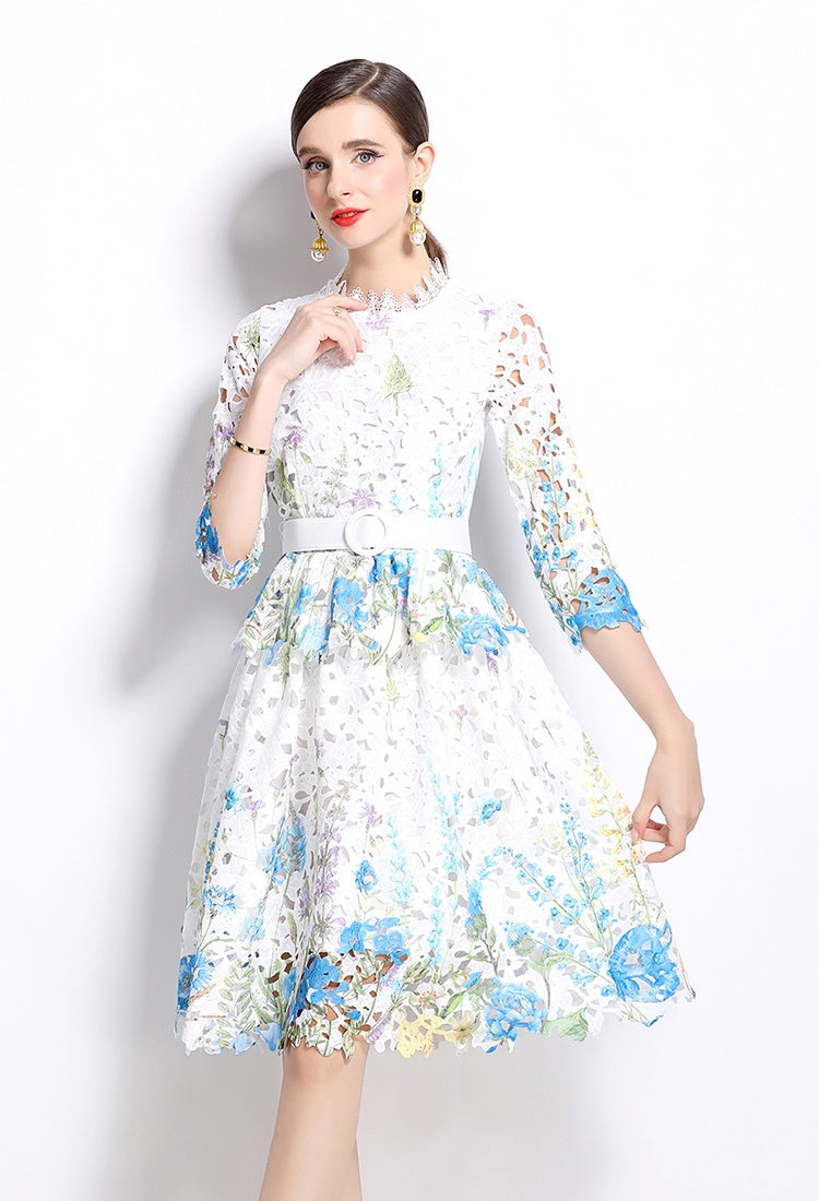 CM-DY022950 Women Elegant European Style Lace Stand Collar Long Sleeve Hollow Slim Dress